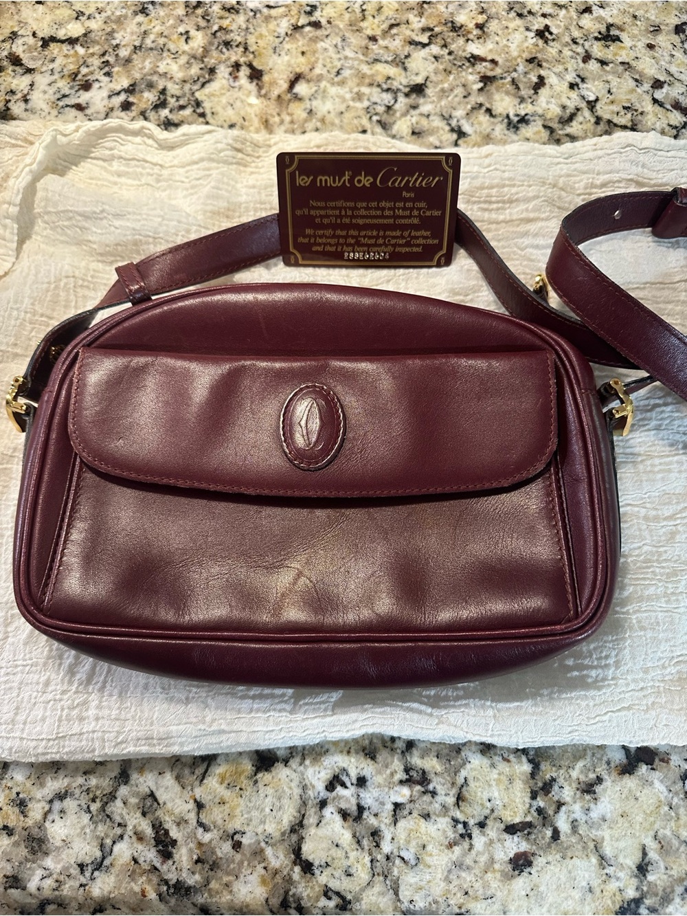 Cartier Plum Leather Crossbody Bag with Gold-Tone Hardware with COA